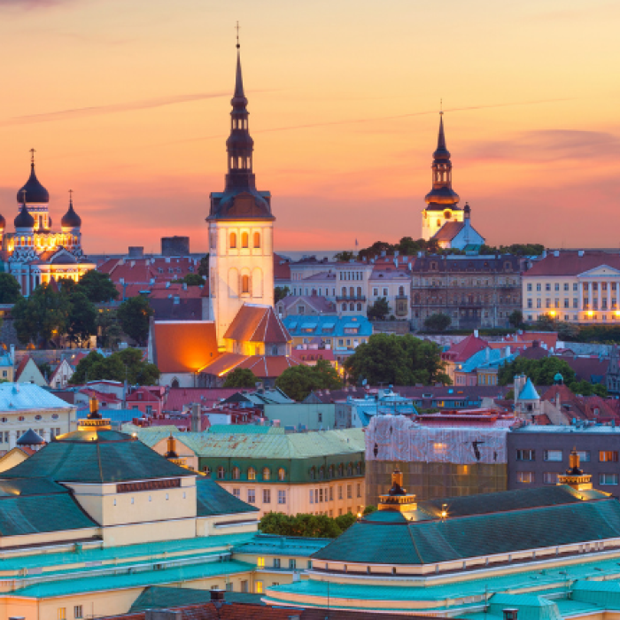 Panorama of Tallinn's skyline at twilight