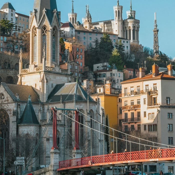 River bridge and cityscape in Lyon, France during the day