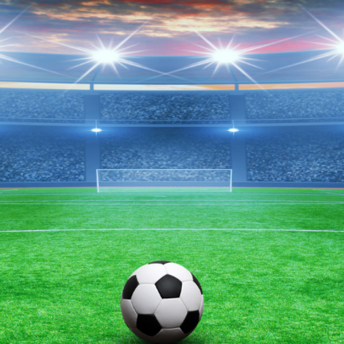 Soccer field with soccer ball in arena