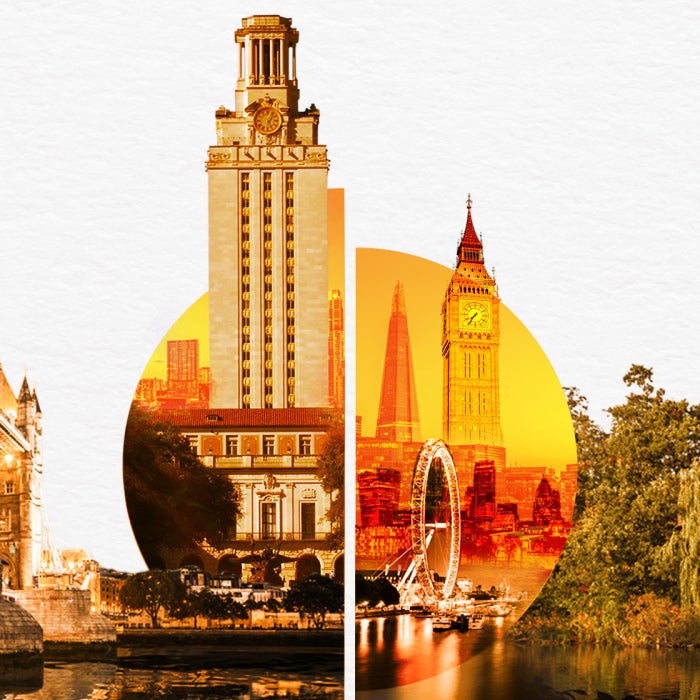 A graphic of the UT tower and different global landmarks in Londo against a rising orange sun in the background