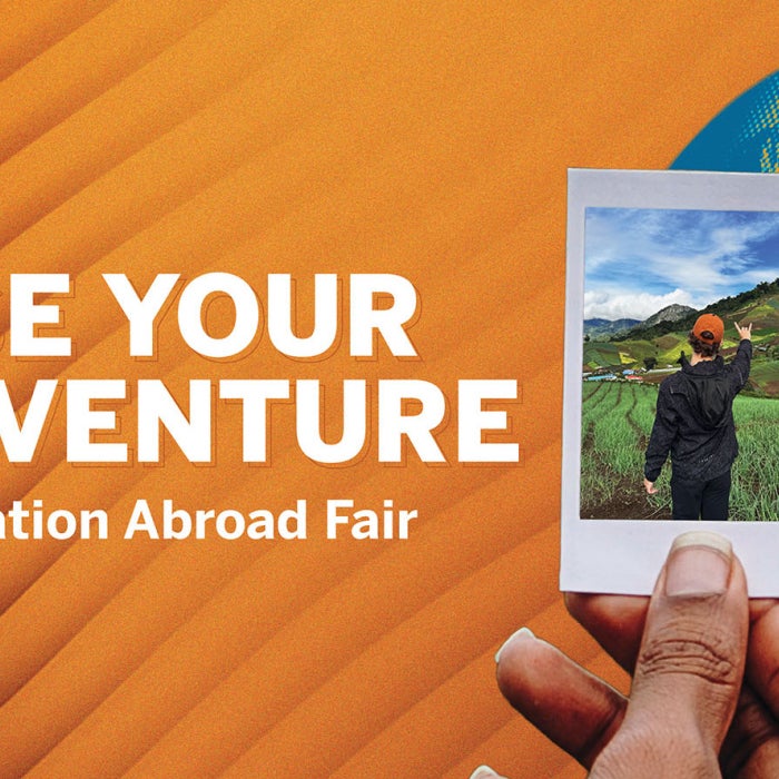 Graphic showing a hands over a globe holding polaroid photos of students abroad with text Choose Your Own Adventure
