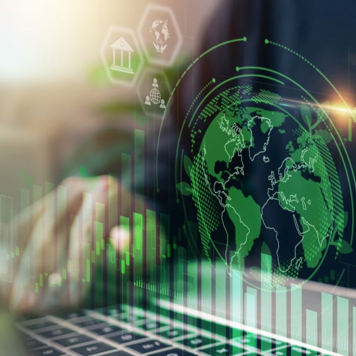 Businessman analyzes investment sustainability in a global context