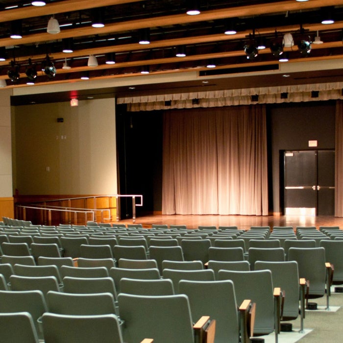 Empty auditorium with rows of gray seats facing a stage with closed curtains and overhead lighting.
