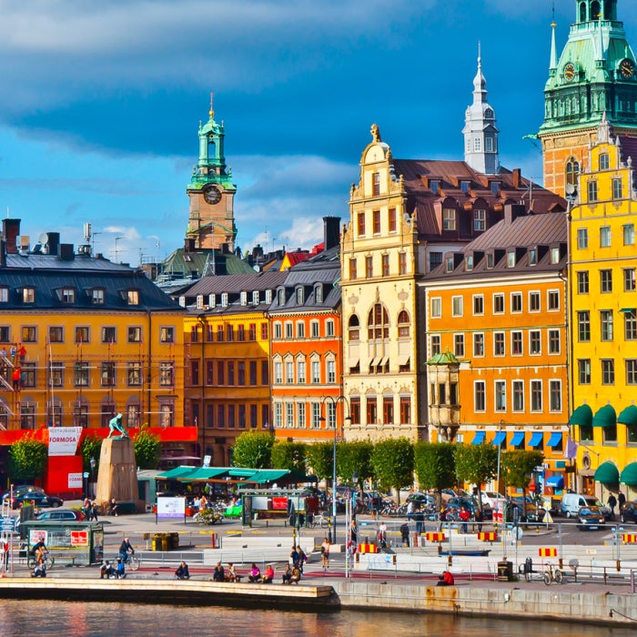 View of colorful buildings and European architecture at Gamla Stan in Stockholm, Sweden