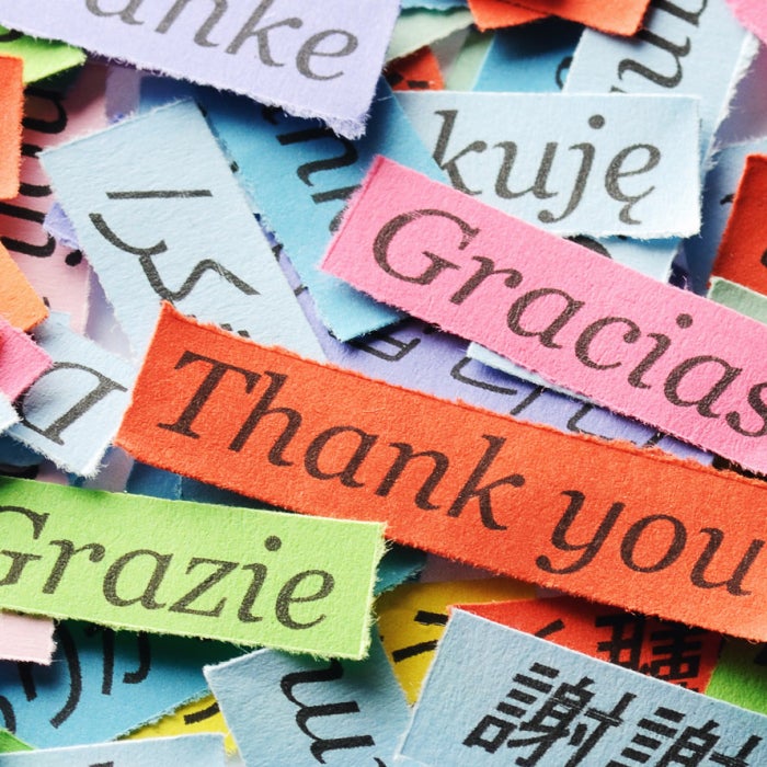 Different phrases in various languages on colorful pieces of paper