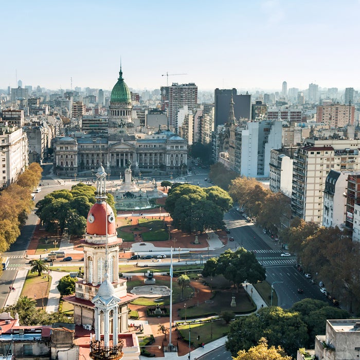 Rooftop view of National Congress building, grounds and city skyline of Buenos Aires, Argentina