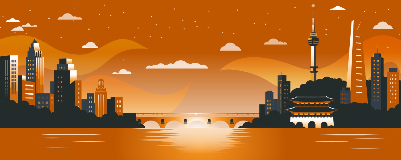 Korea Week UT orange graphic of a bridge with a representation of Austin, TX on one side and Seoul, South Korea on the other side
