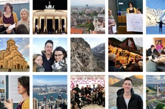 Collage of photos of UT Fulbright recipients and cities abroad