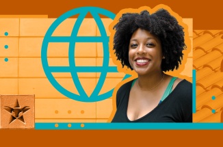 timia smiles with a graphic of a globe and 2020 next to her