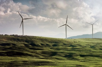 an open field with grass and wind turbines