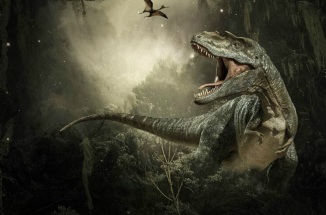 a dinosaur roars in a dark forest 