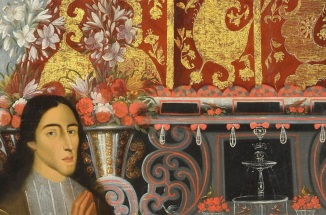 a painting of a person in an ornate orange and red room 