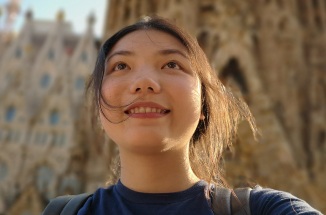 Student in front of the Sagrada Familia temple in Barcelona, Spain