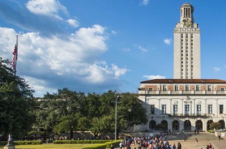 UT Austin tower and students on the Main Mall