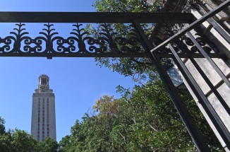 UT tower as seen through gates of Gearing Hall
