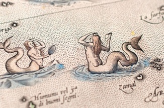 Detail depicting two mermaids, from a 17th-century map of Southeast Asia