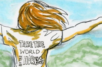 Line drawing of a person's T-shirt saying Take the World by the Horns