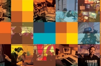 Color-block collage of UT students using technology