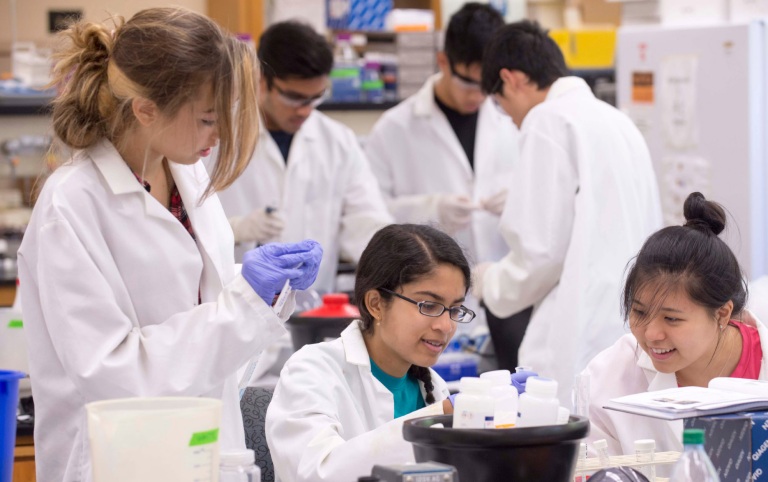 Students in lab coats work together in a lab settings