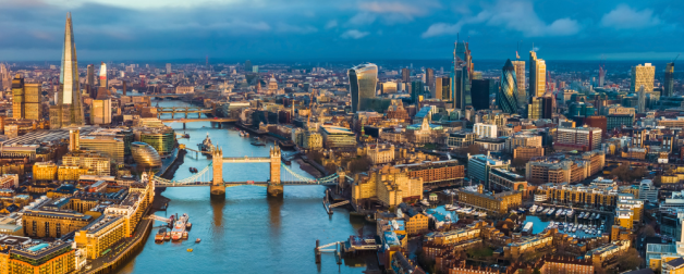Aerial view of London with London Bridge and Thames river and buildings on either side in view