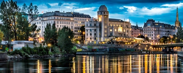 Vienna, Austria river embankment at night