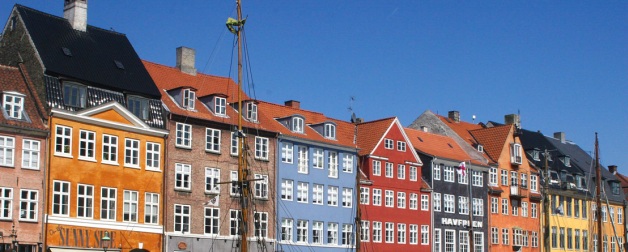 The multi-colored homes that line the streets of Copenhagen Denmark