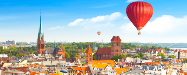 Polish skyline with hot air balloon