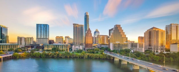 View of downtown Austin in the morning and the Colorado River and or Lady Bird Lake