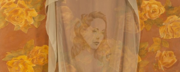 Portrait of a women painted on transparent cloth with yellow roses in the background