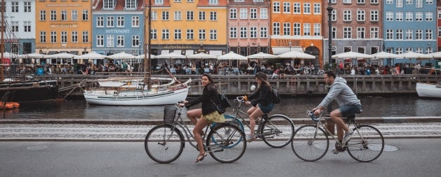 Students bicycle in Copenhagen, Denmark