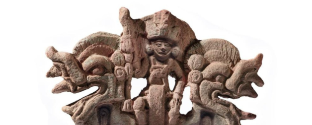 Teotihuacan-Style Maya, ceramic with post-fire pigment of three figures atop a structure.