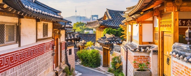 Looking down a street in Bukchon Hanok Village in Seoul, South Korea