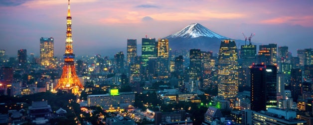 Aerial view of Tokyo cityscape during the blue hour with Mount Fuji in background against a gorgeous pink and blue sunset sky