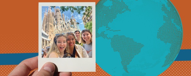 Education Abroad Fair graphic globe with hand holding polaroid of smiling longhorns group