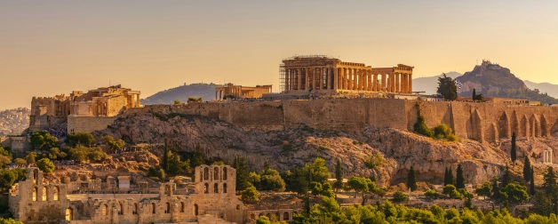 View of Acropolis of Athens with Parthenon and Erechtheion from Filopappou Hill during summer in Athens Greece