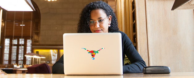 A person sitting behind their laptop with a Texas Global logo sticker on it