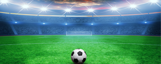 Soccer field with soccer ball in arena