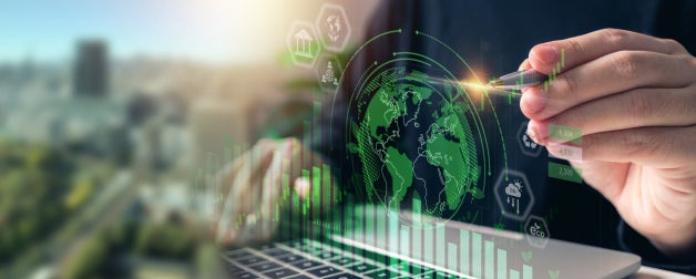 Businessman analyzes investment sustainability in a global context
