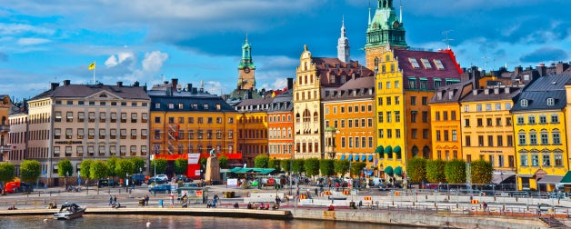 View of colorful buildings and European architecture at Gamla Stan in Stockholm, Sweden