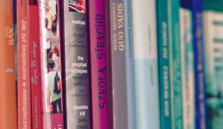 Books with international titles on a bookshelf