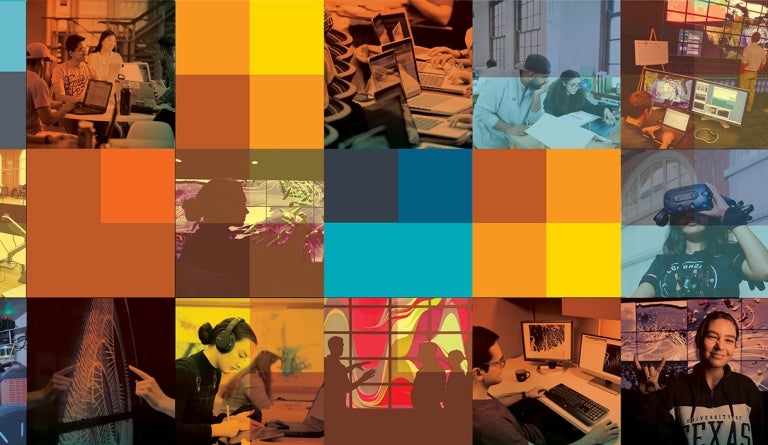 Color-block collage of UT students using technology