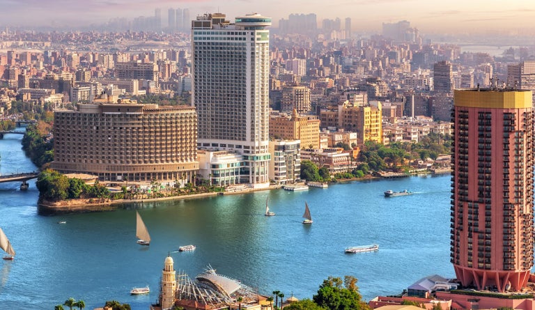 The modern city of Cairo, Egypt, as viewed across the Nile River
