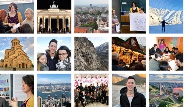 Collage of photos of UT Fulbright recipients and cities abroad