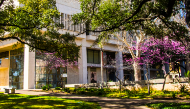 a view of the harry ransom center between the trees 