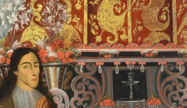 a painting of a person in an ornate orange and red room 
