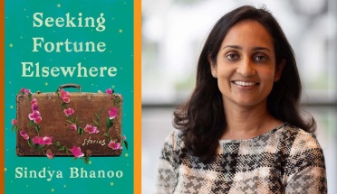 Portrait of author Sindya Bhanoo next to the cover of her new book