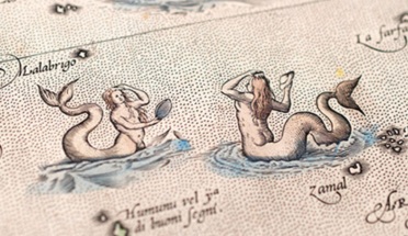 Detail depicting two mermaids, from a 17th-century map of Southeast Asia