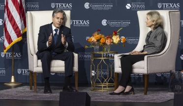 Secretary of State Antony Blinken converses onstage with Kay Bailey Hutchison
