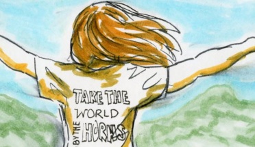 Line drawing of a person's T-shirt saying Take the World by the Horns