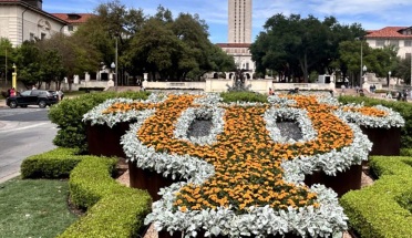Flowers form the letters UT on the University of Texas Campus